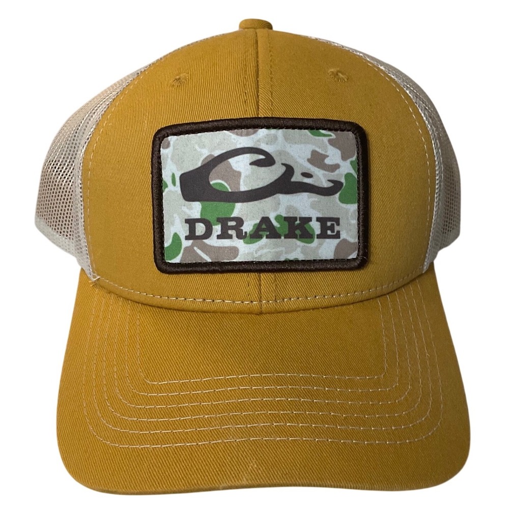 Drake Duck Camo Patch Waterfowl Hunting Snapback Mesh Trucker Hat Mustard/White